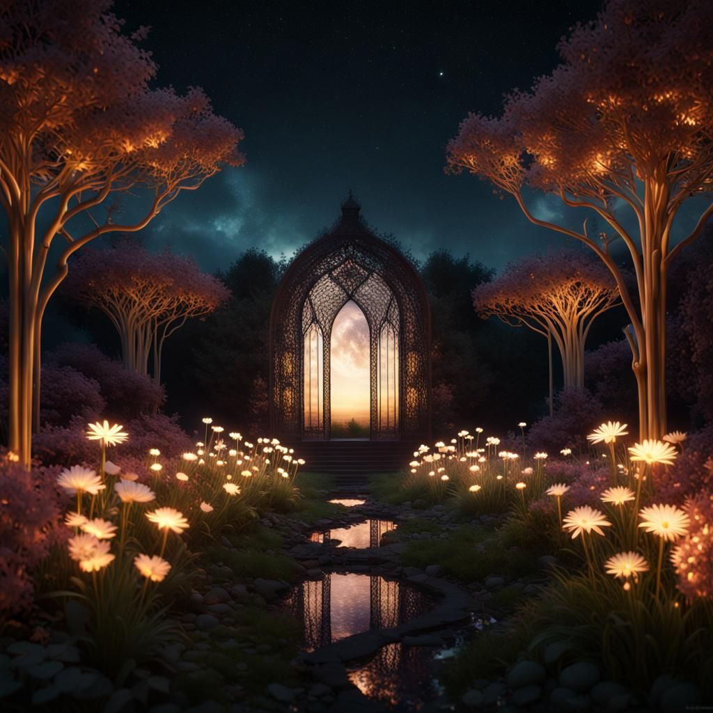 Mystic Glowing Gardens at Night: Photorealistic CGI Render