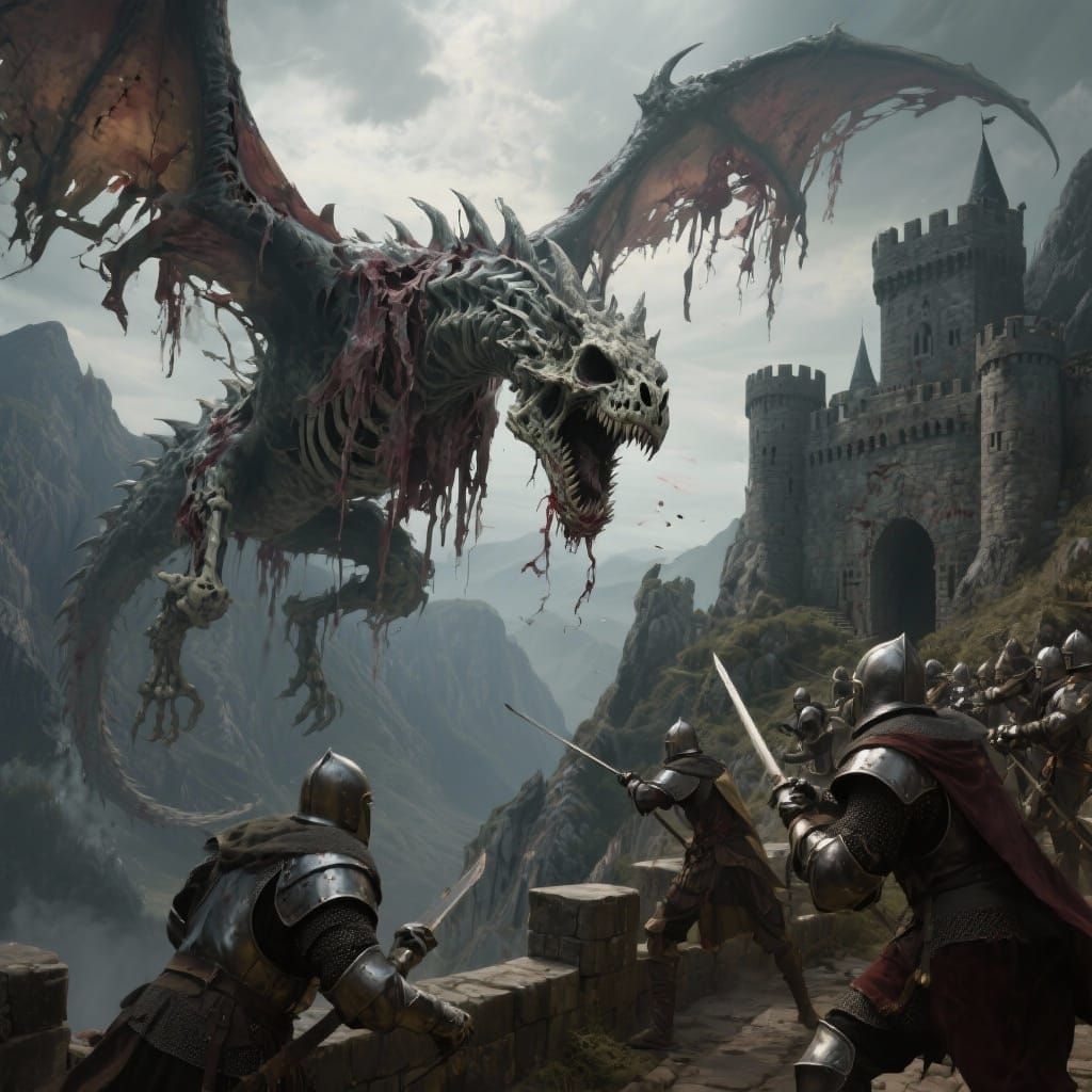 Skeletal Zombie Dragon Attacks Mountain Castle