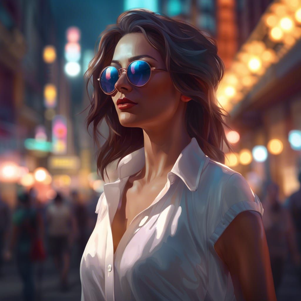 Retro City Night Portrait in Hyperdetailed Style