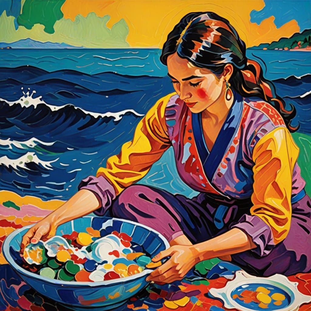 Girl Washing Up: Fauvism with Vibrant Brushstrokes