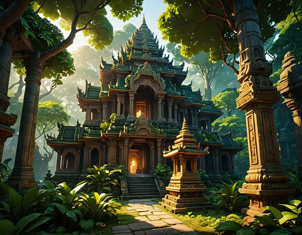 Vibrant Hindu Temple in Lush Jungle, Anime Art