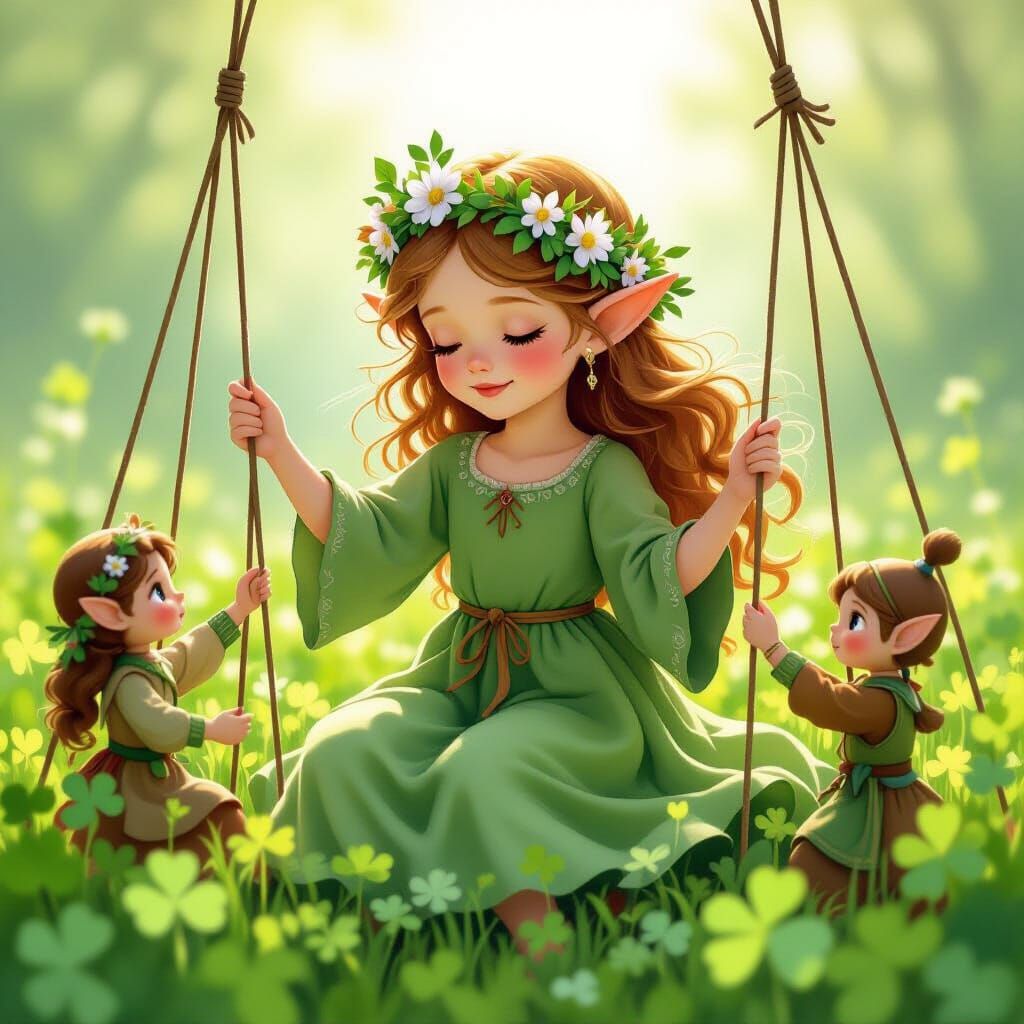 Elf Girl with Puppets in Clover Field