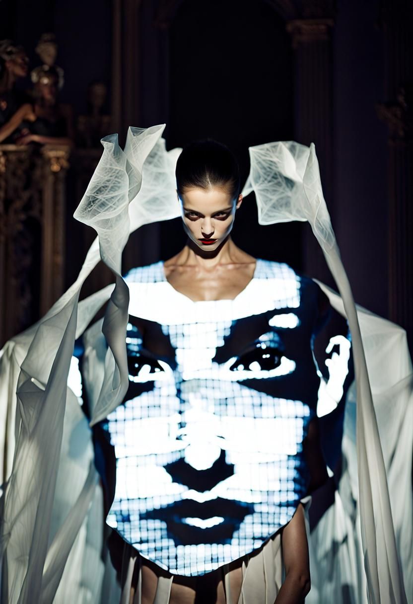 Model in Denim Couture Under Light Projections