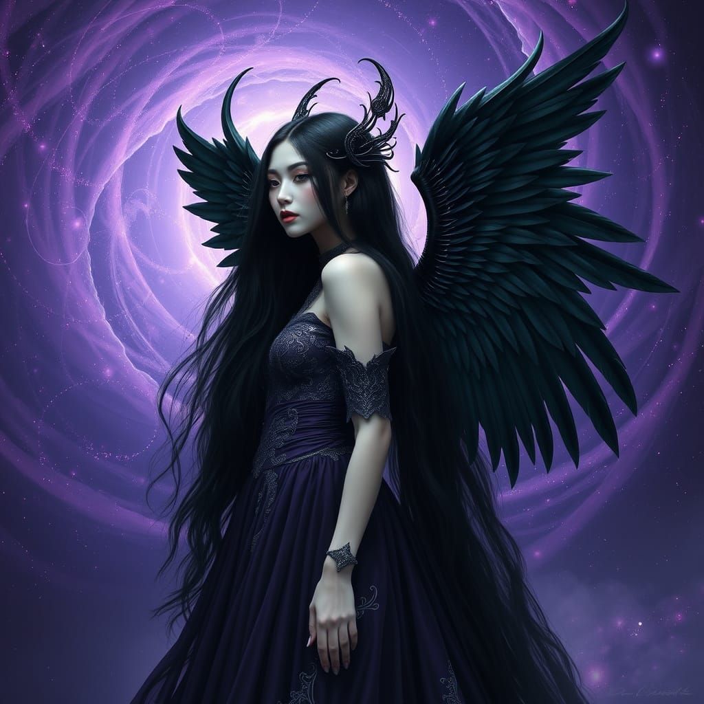 Gothic Space Queen with Dark Purple Gown and Black Angel Win...