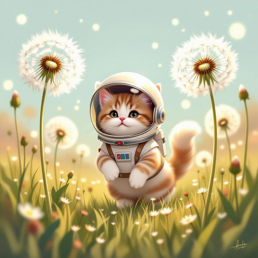 Astronaut Cat in Dreamlike Meadow, Vintage Illustration