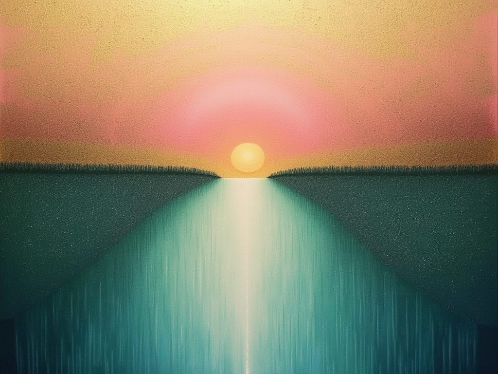 Vibrant Waterfall Landscape in Gold, Pink, Green, Blue, Teal