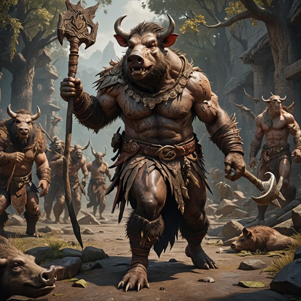 Boar Man with Club: Detailed Fantasy Art