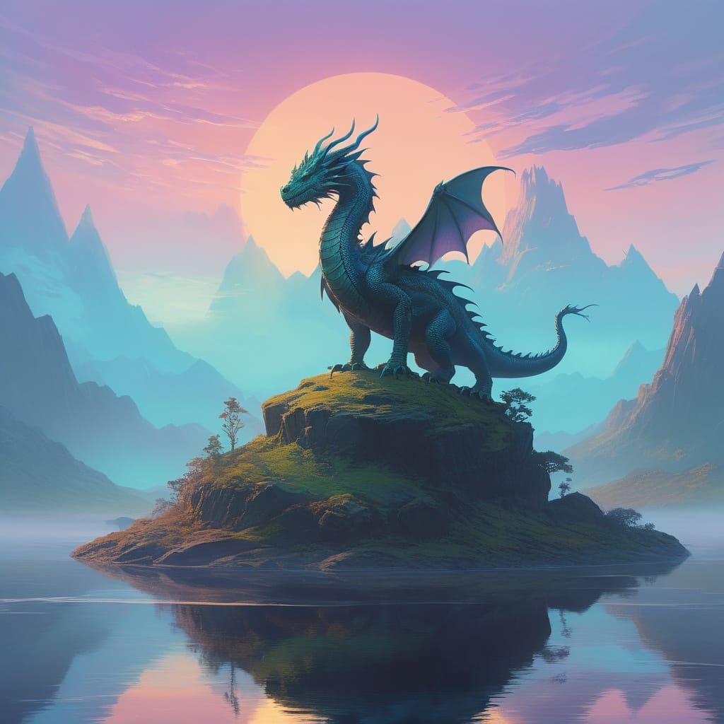Dragon King on Floating Island in Pastel Colors