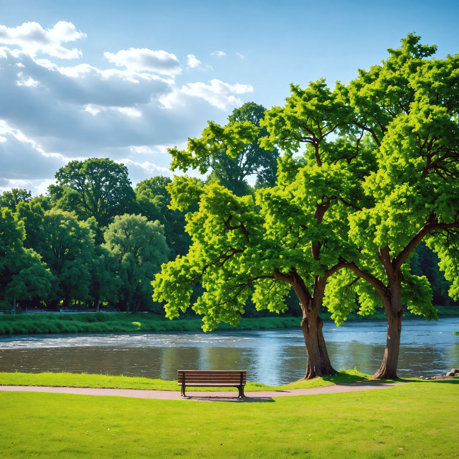 Hyperrealistic Park Bench Near River in HDR