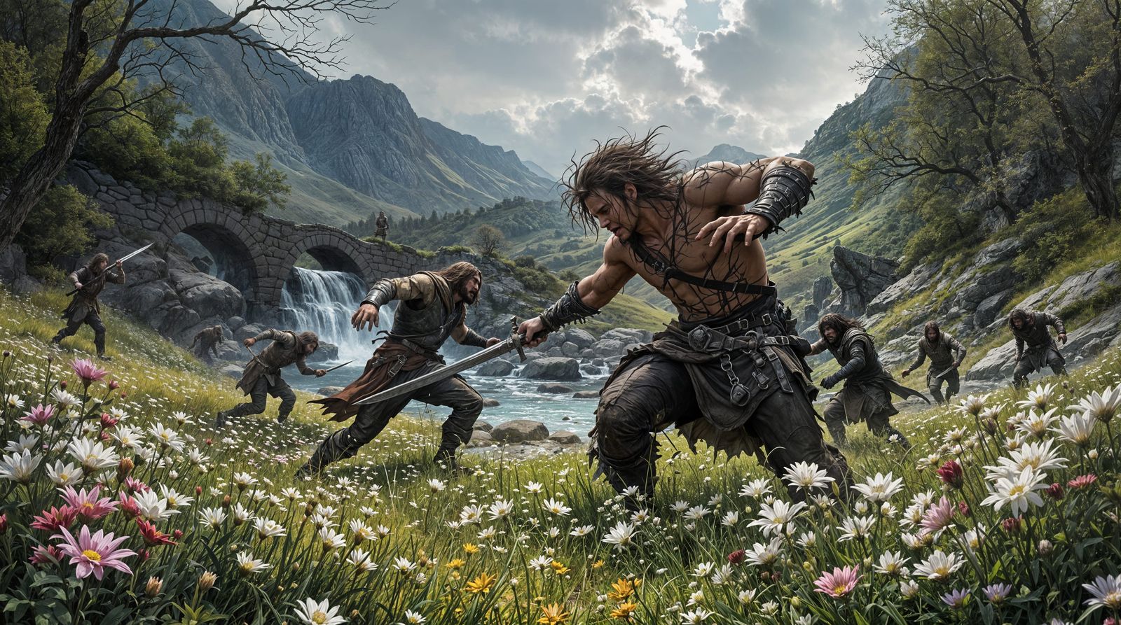 Dark Fantasy Battle in a Deceptively Beautiful Meadow