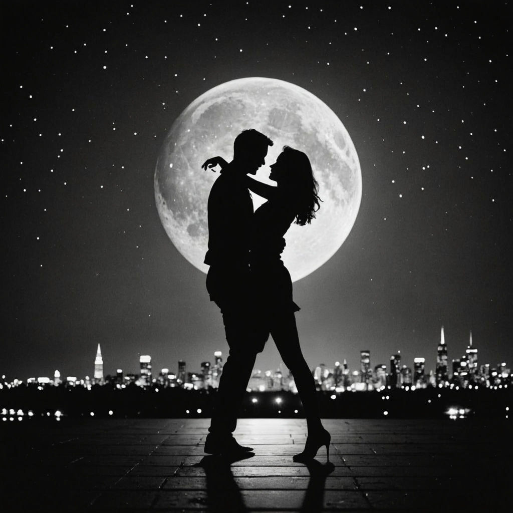 Romantic Couple Dancing Silhouetted Under Moonlight