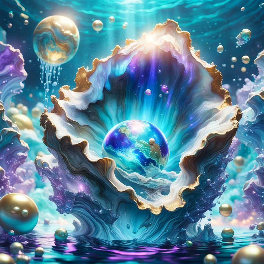 Bioluminescent Pearl in Giant Oyster Shell: Surreal Art