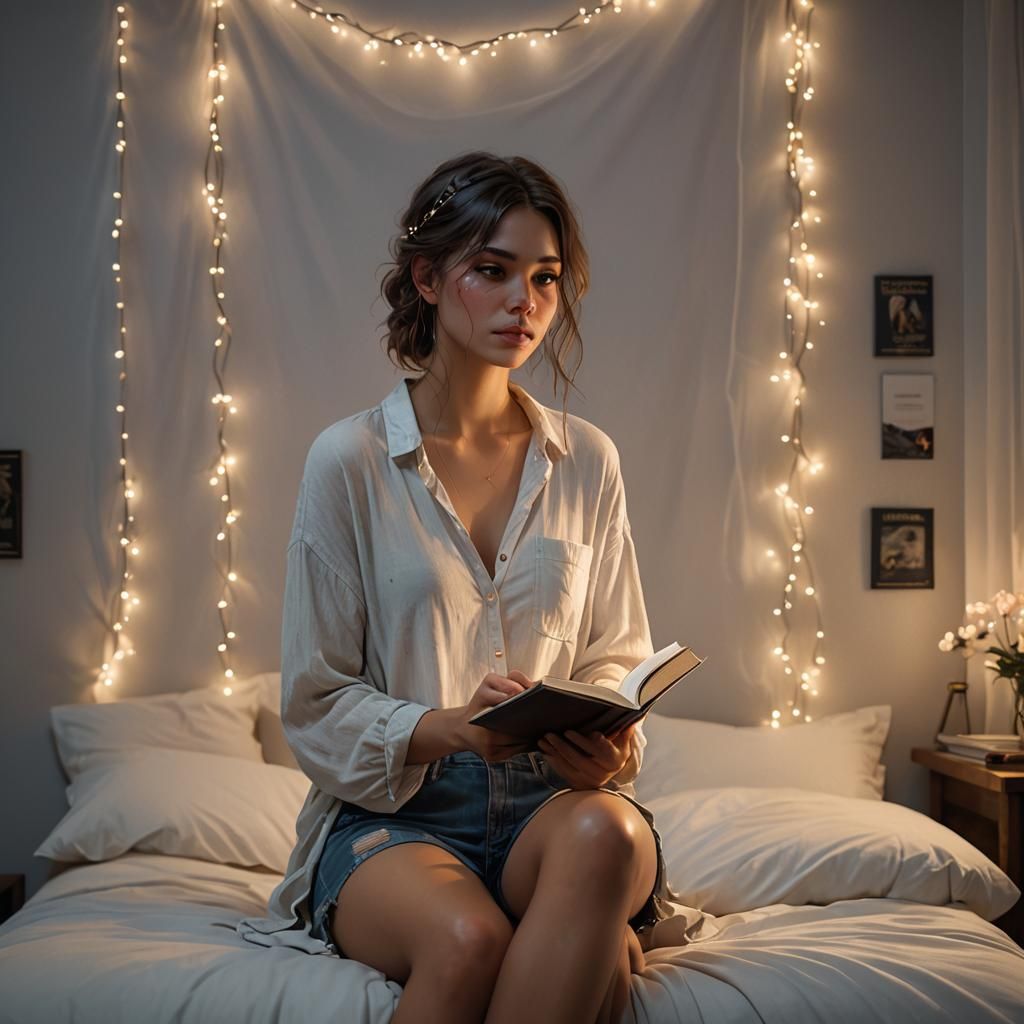 Girl Reading in Bedroom: Hyperdetailed Art Portrait