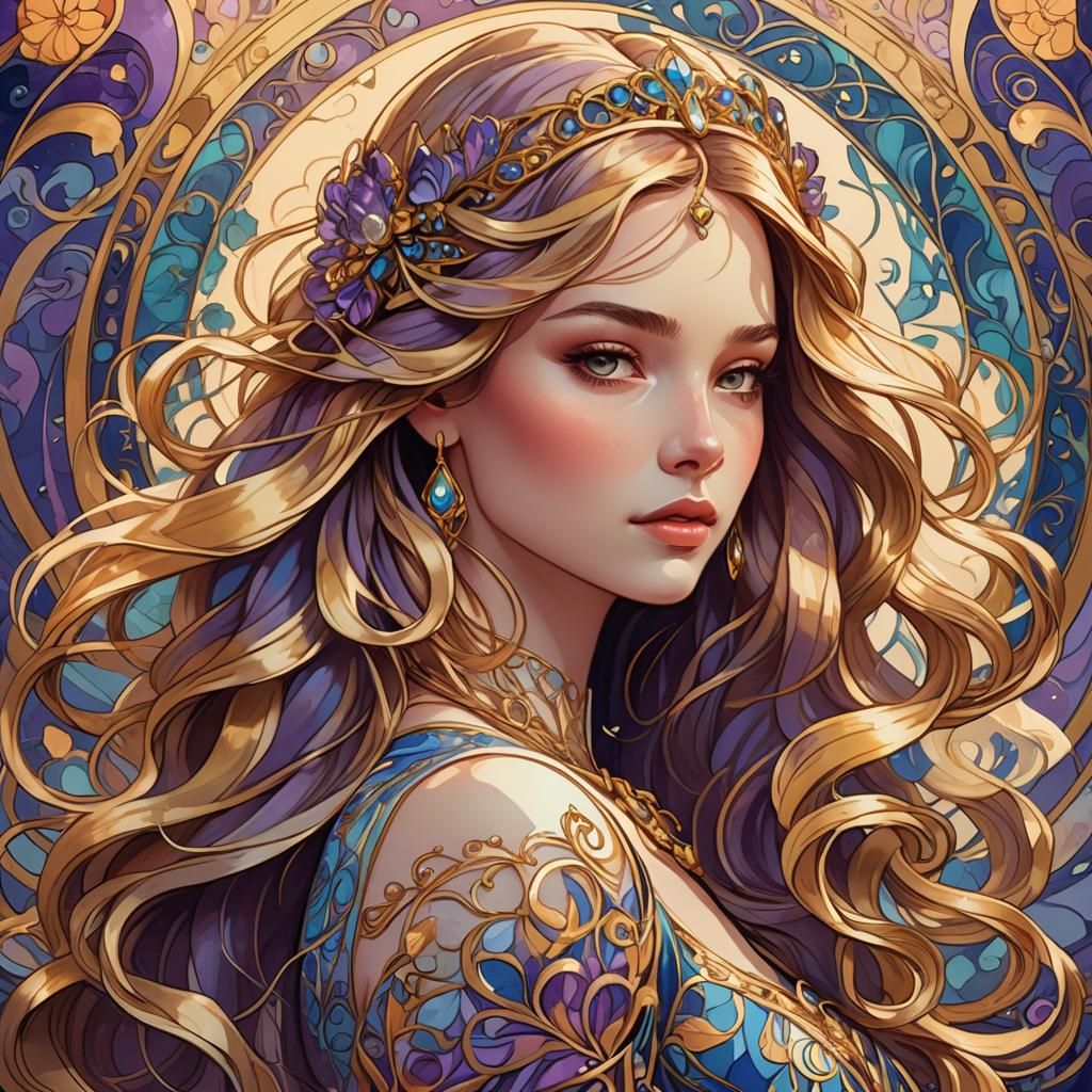 Dreamy Princess Portrait in Art Nouveau Style