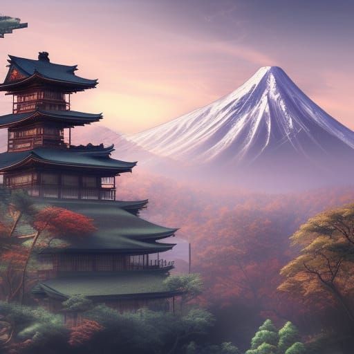 Detailed Matte Painting of Japan in Deep Color