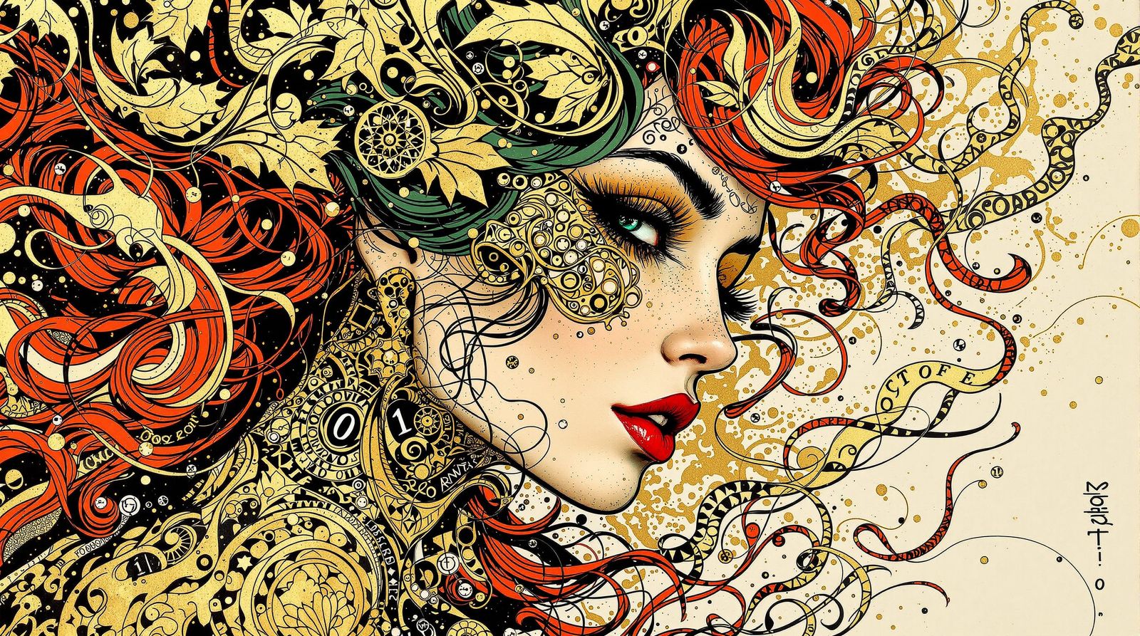 Elegant Woman of Code in Gold Foil by Ralph Steadman