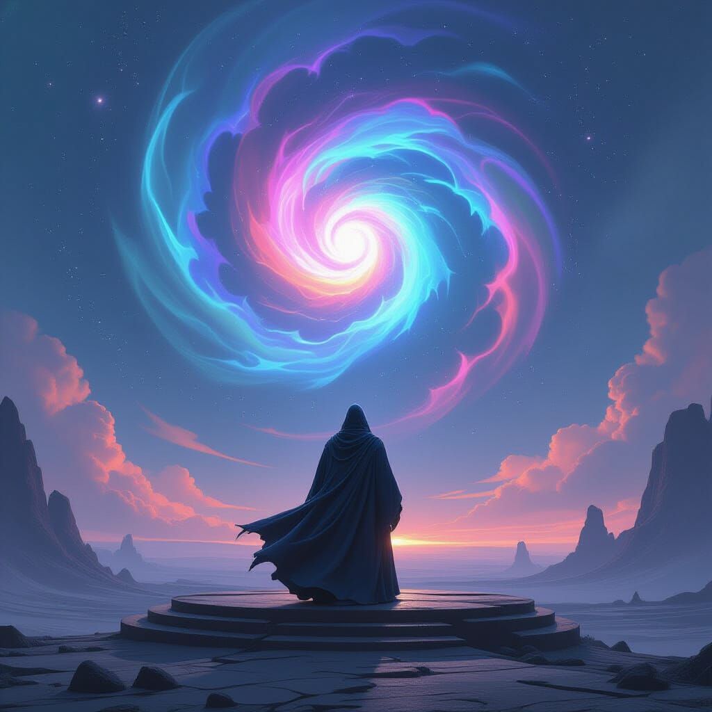 Wizard Gazing at Magical Fusion in Dreamlike Landscape