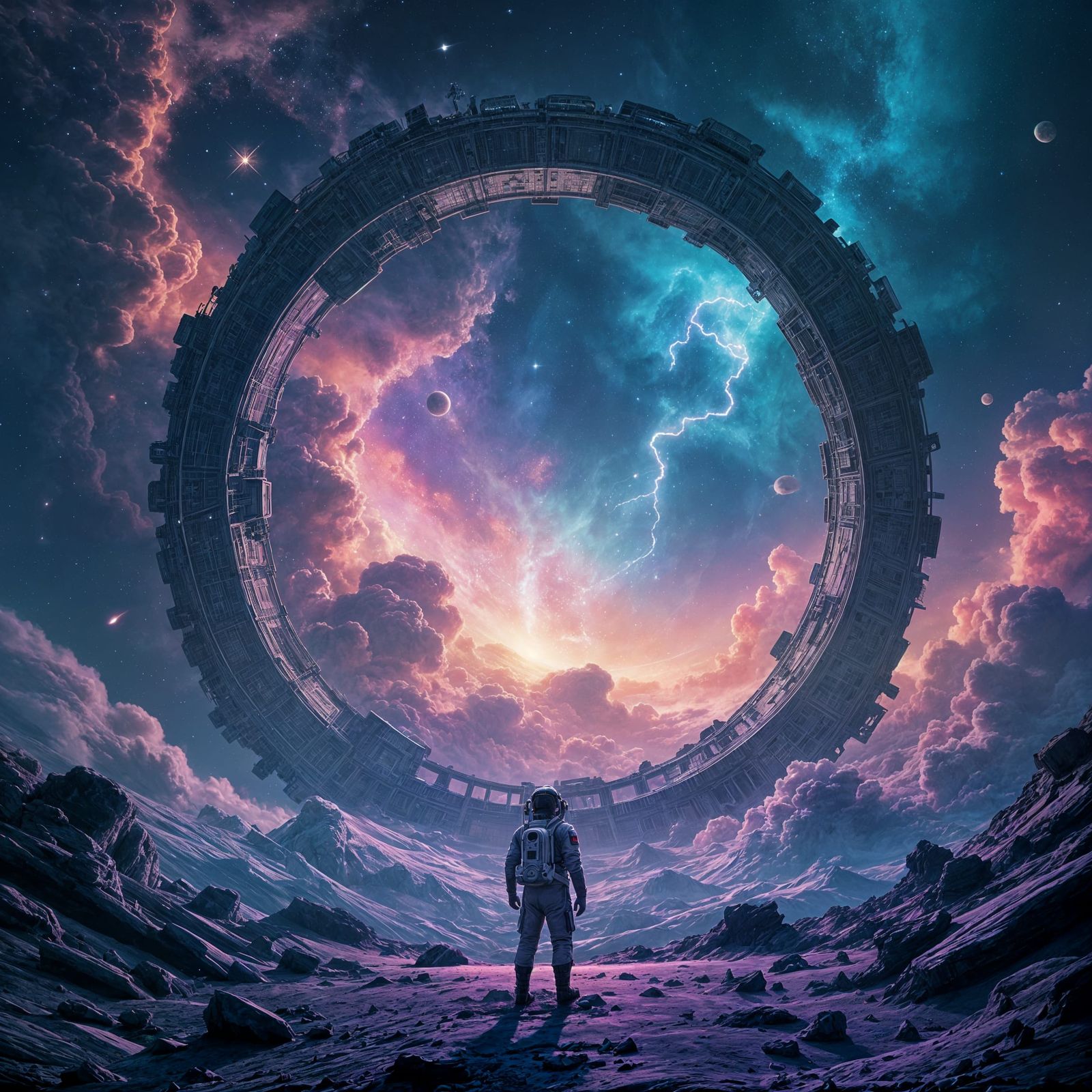 Astronaut Views Shattered Ringworld Amidst Cosmic Nebulae