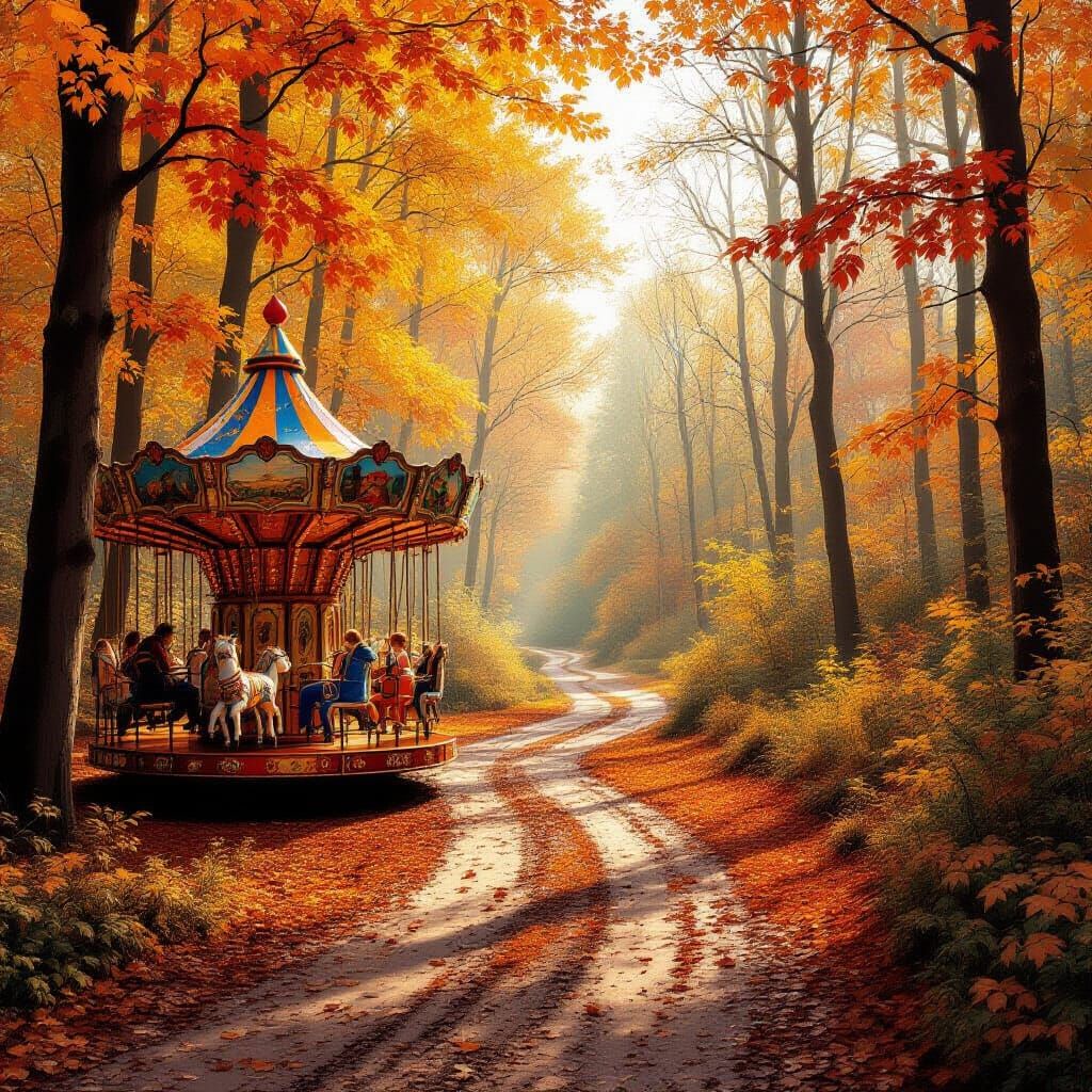 Autumn Forest Carousel with Animals in Warm Afternoon Light