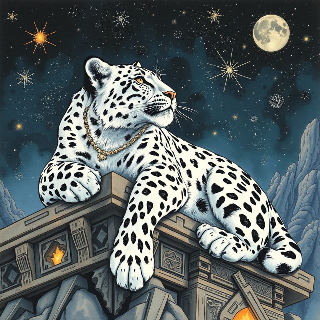 A serene snow leopard with a coat of swirling constellations...