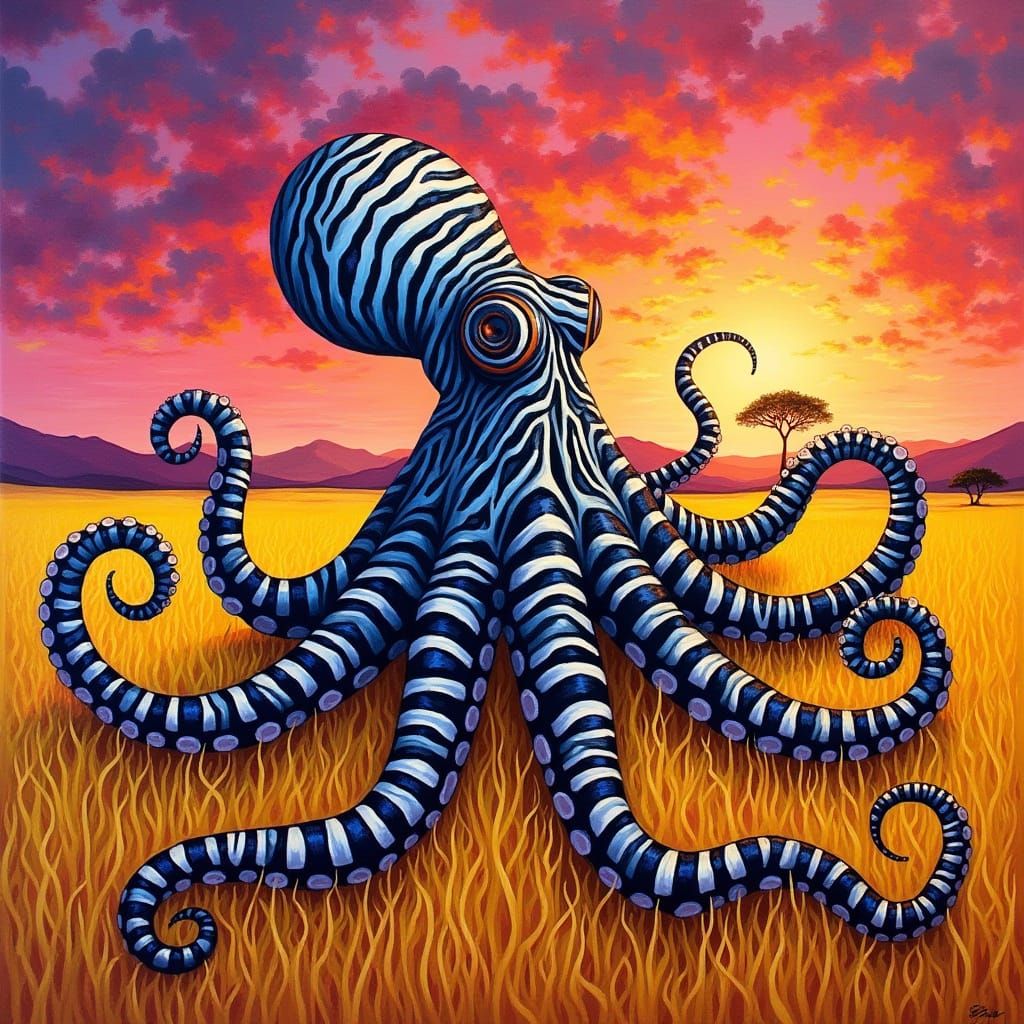 Octopus in Bold Zebra Stripes Roams Serengeti Sunset Landsca...