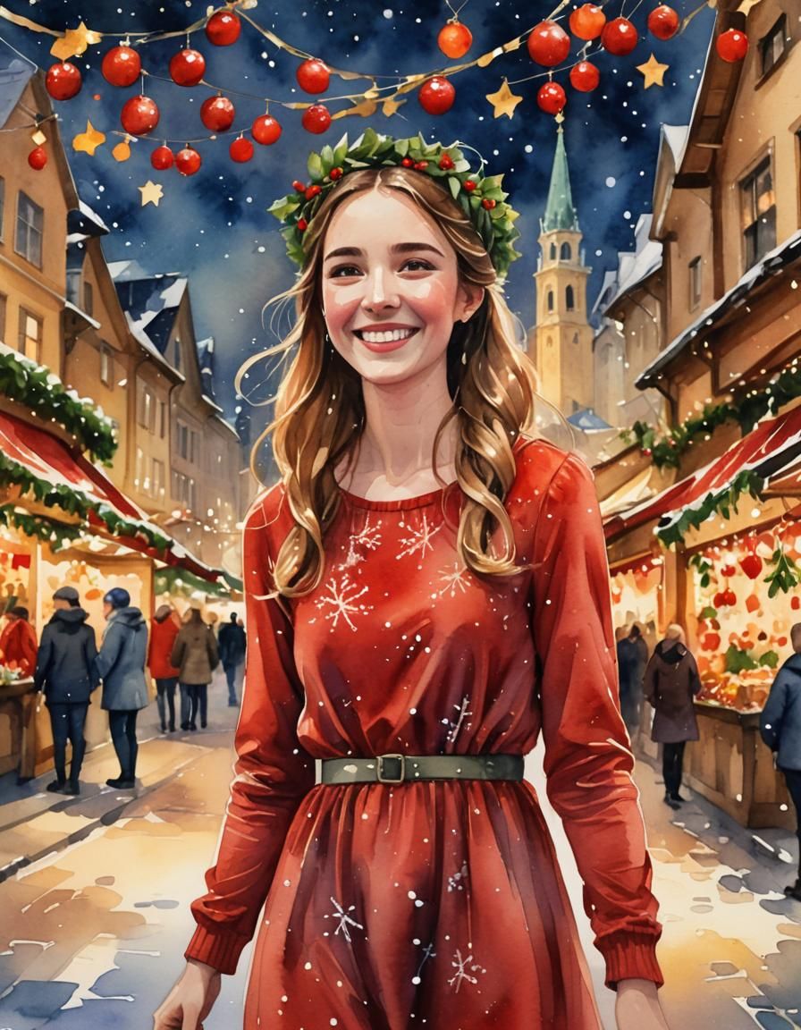 Christmas Market Girl: Festive Watercolor Illustration