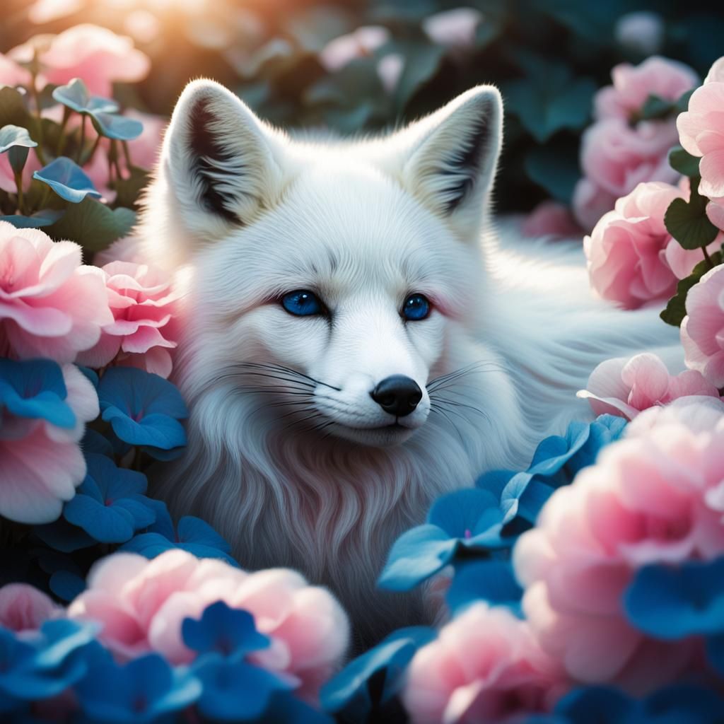 Fluffy White Fox in a Garden of Begonias
