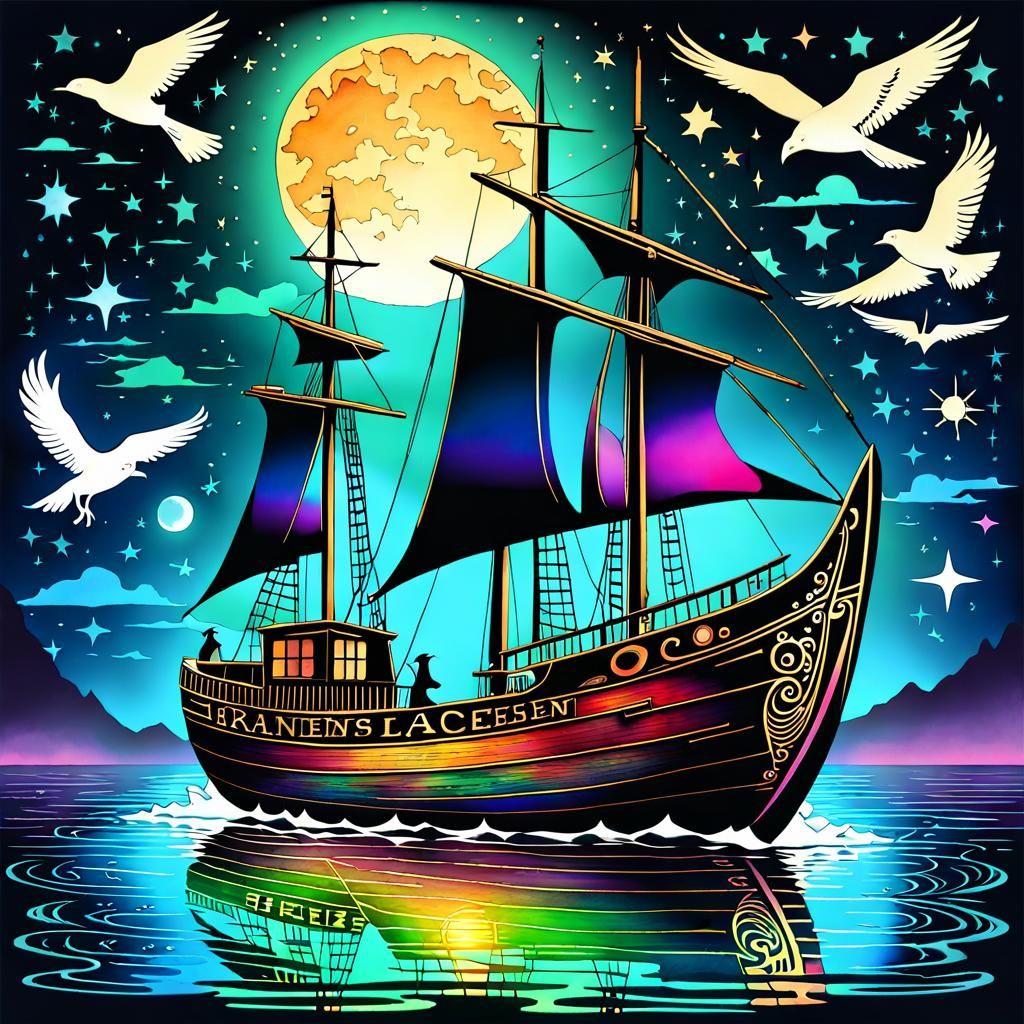 Watercolor Raven Sailboat at Moonrise