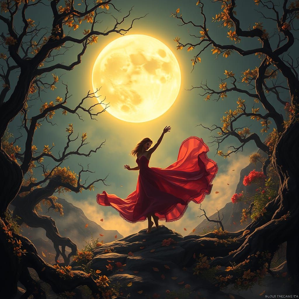 Lone Figure Dances Under Full Moon in Dark Fantasy Landscape