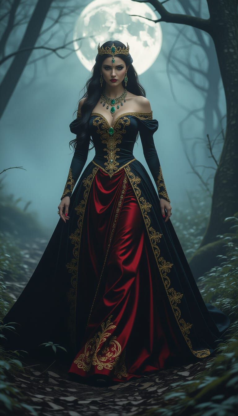 Dark Fantasy Queen in Enchanted Forest at Night