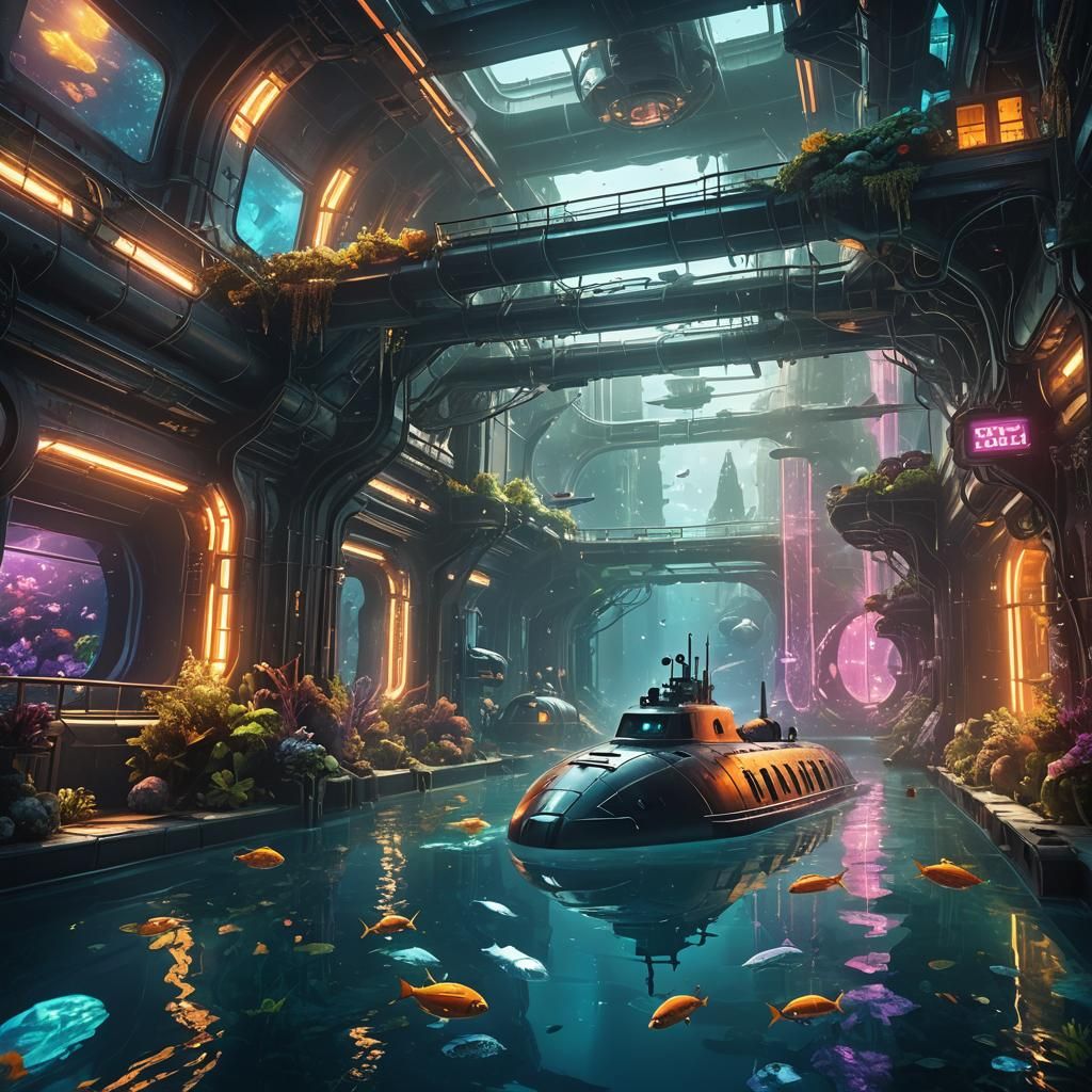 Futuristic Submarine City: Neon-Lit Underwater Metropolis