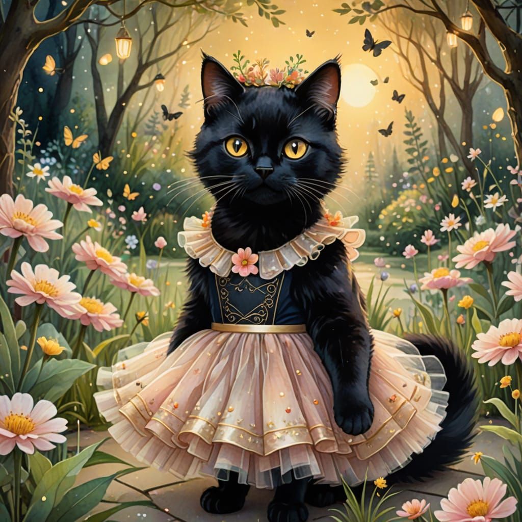 Black Cat Ballerina in Mystical Garden Watercolor