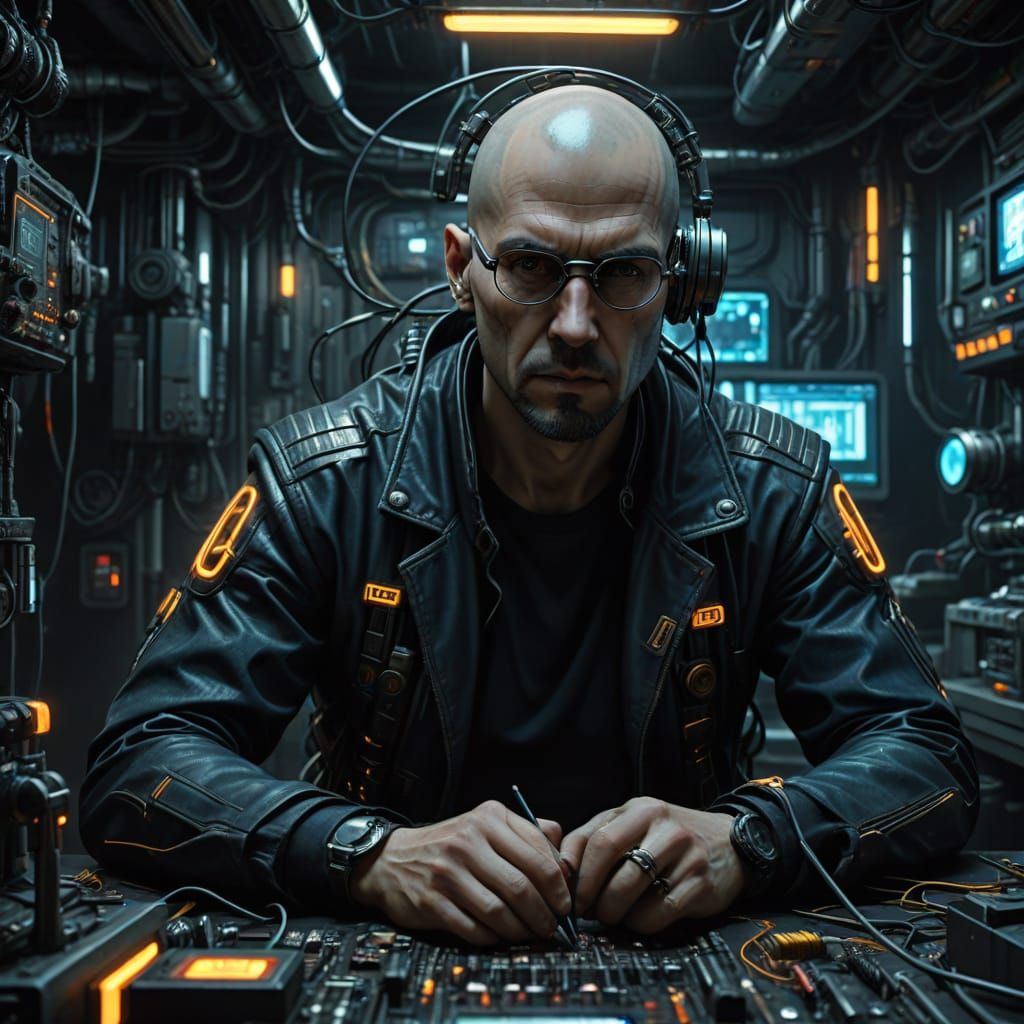 Cyberpunk Engineer in Dimly Lit Workspace