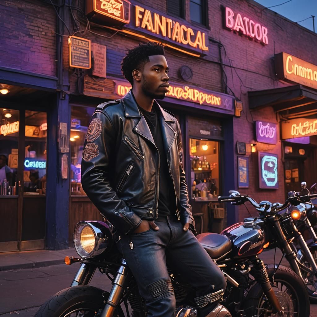 Biker Outside Bar at Dusk as Digital Matte Painting