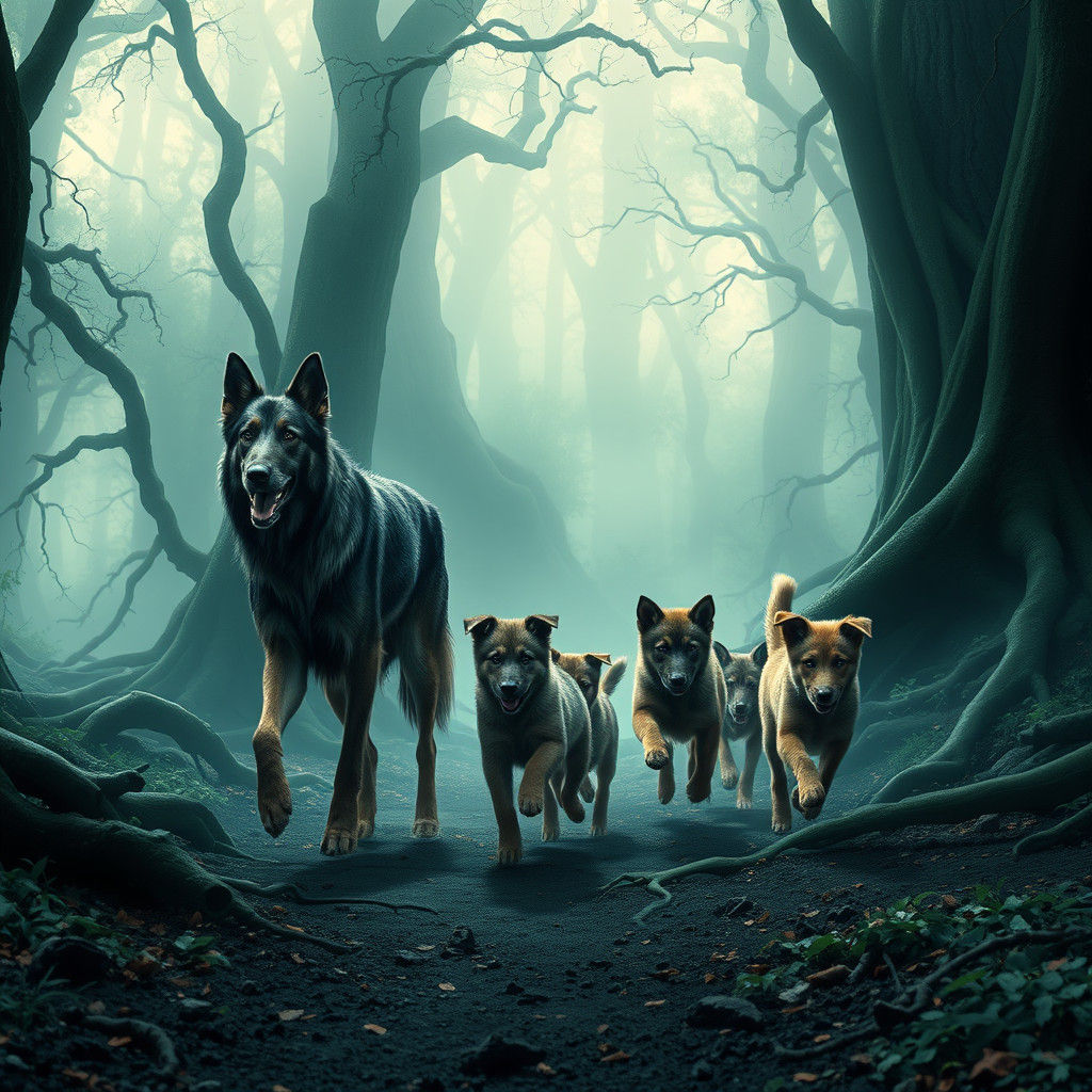 Wolfhounds Lead Puppy Pack Through Mystical Forest