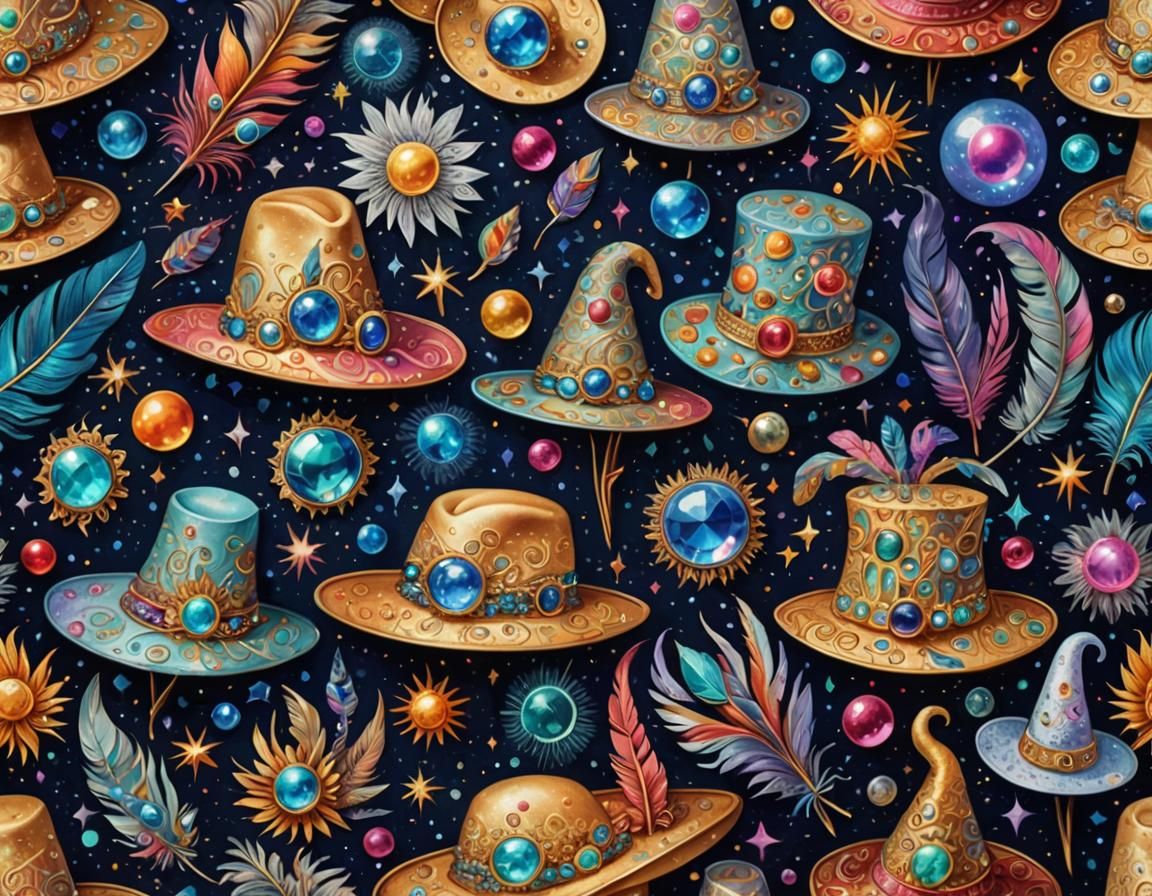 Whimsical Hats in Holographic Cosmic Illustration Style