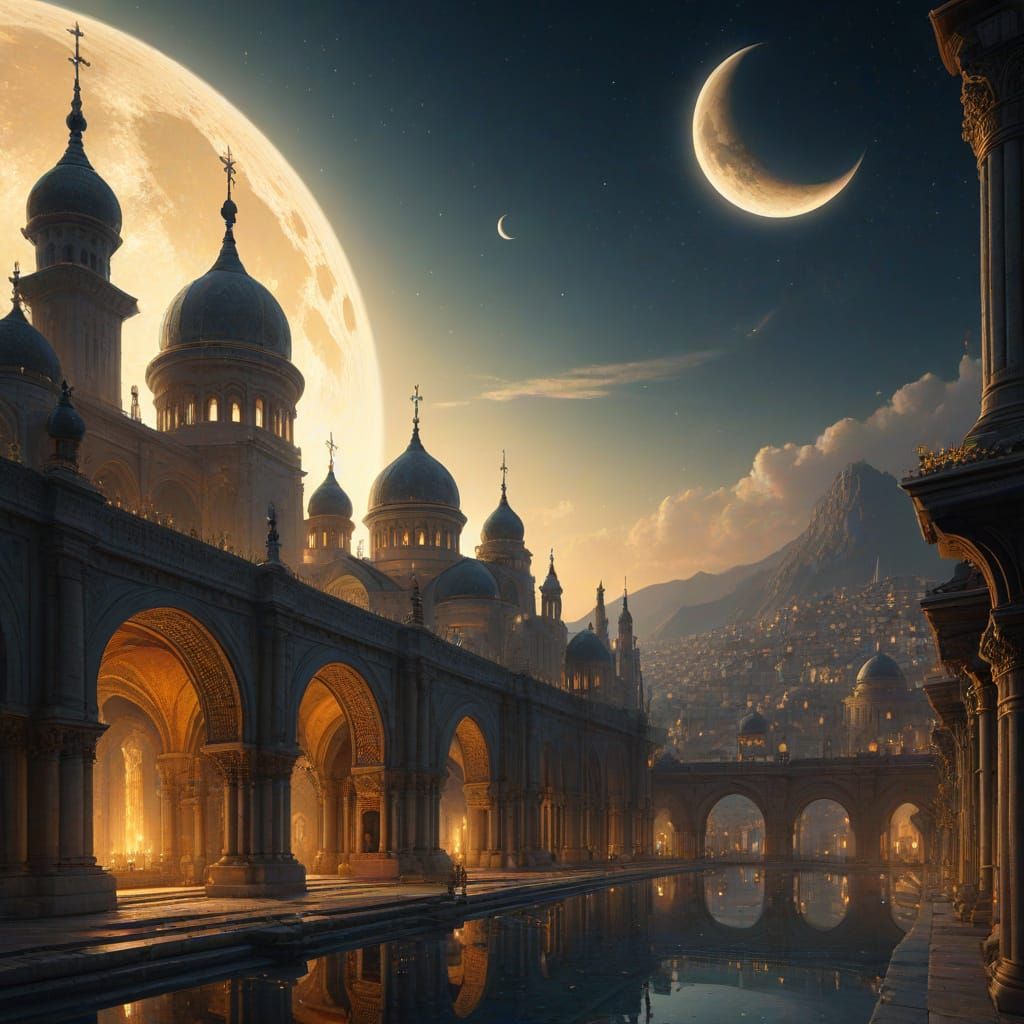 Golden Byzantine City on Crescent Moon: Fantasy Art