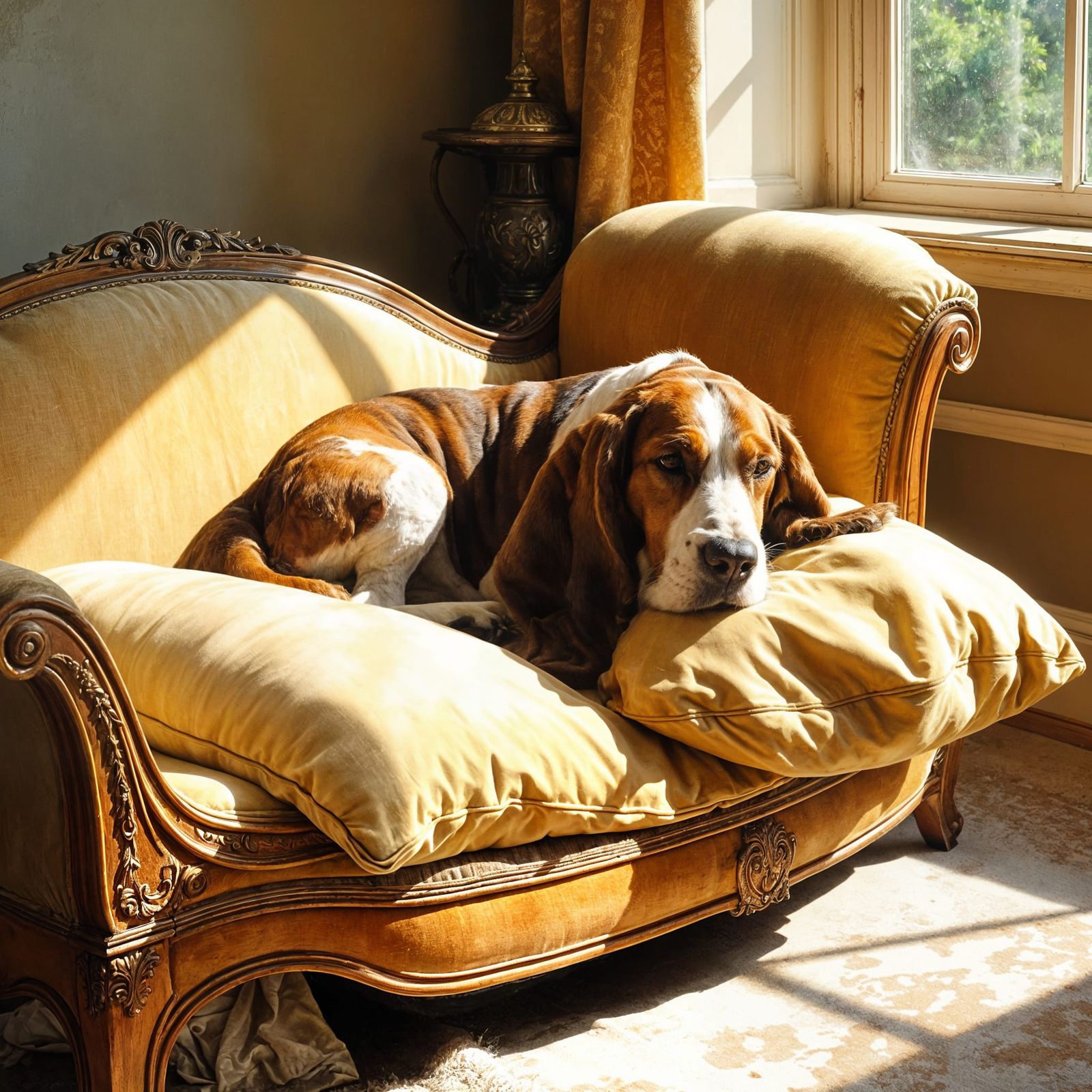 Sleepy Basset Hound on Antique Chaise Lounge