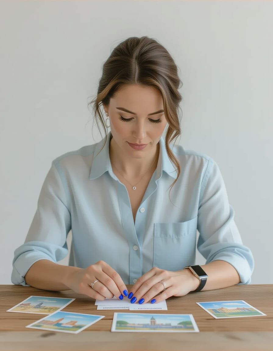Woman Organizes Postcards at Rustic Wooden Table