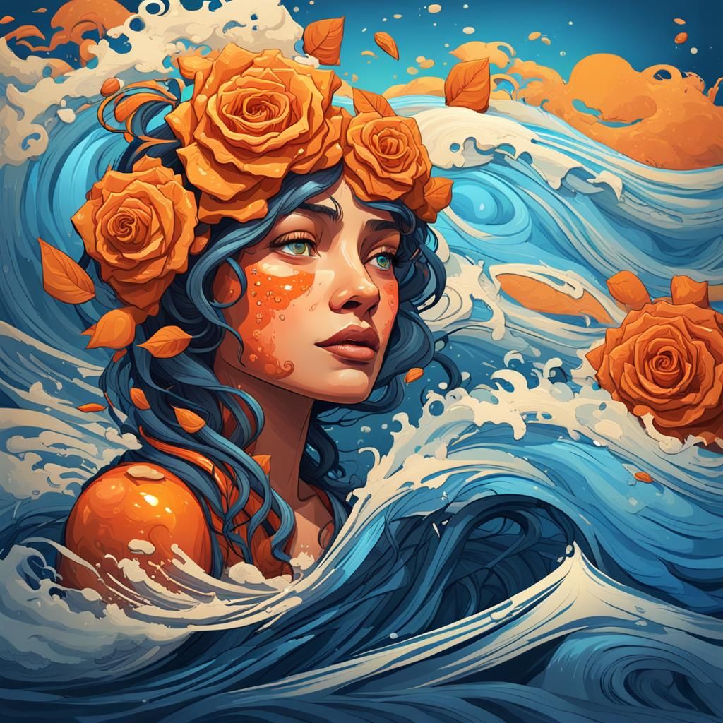 Orange Striped Rose Surfing in Art Nouveau Style
