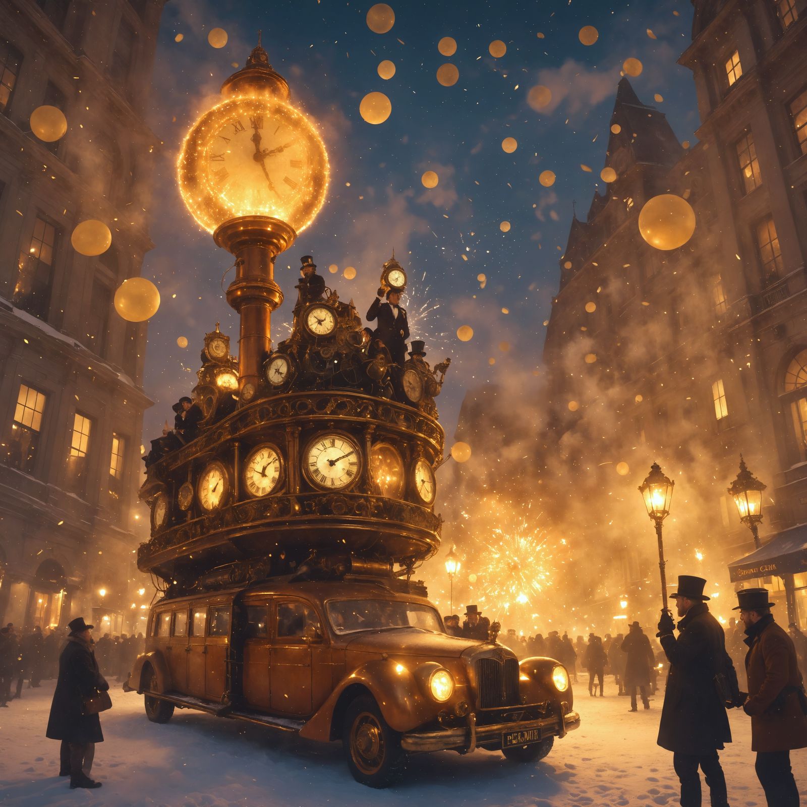 Steampunk New Year's Celebration in Midnight Town Square