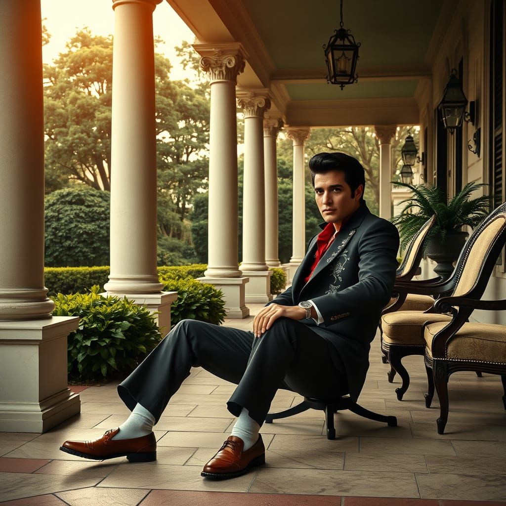 Elvis Presley on the Porch of Graceland in a Moody, Cinemati...