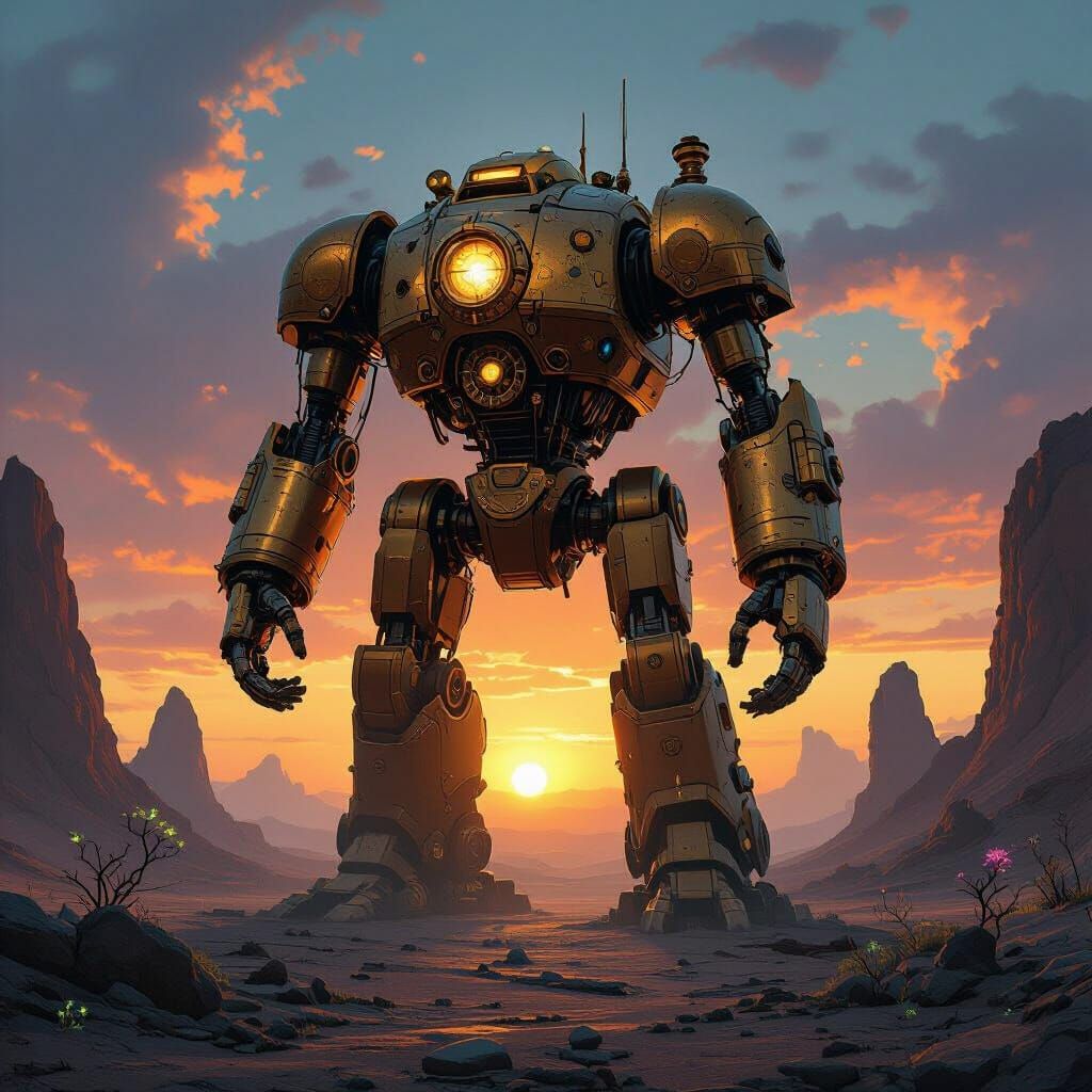 Steampunk Robot Guarding Alien Landscape