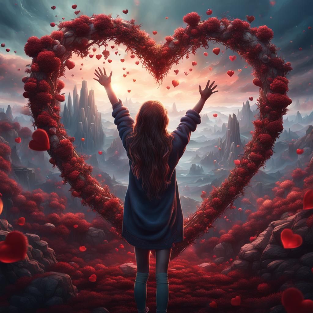 Girl Making Heart Shape in Detailed Matte Painting