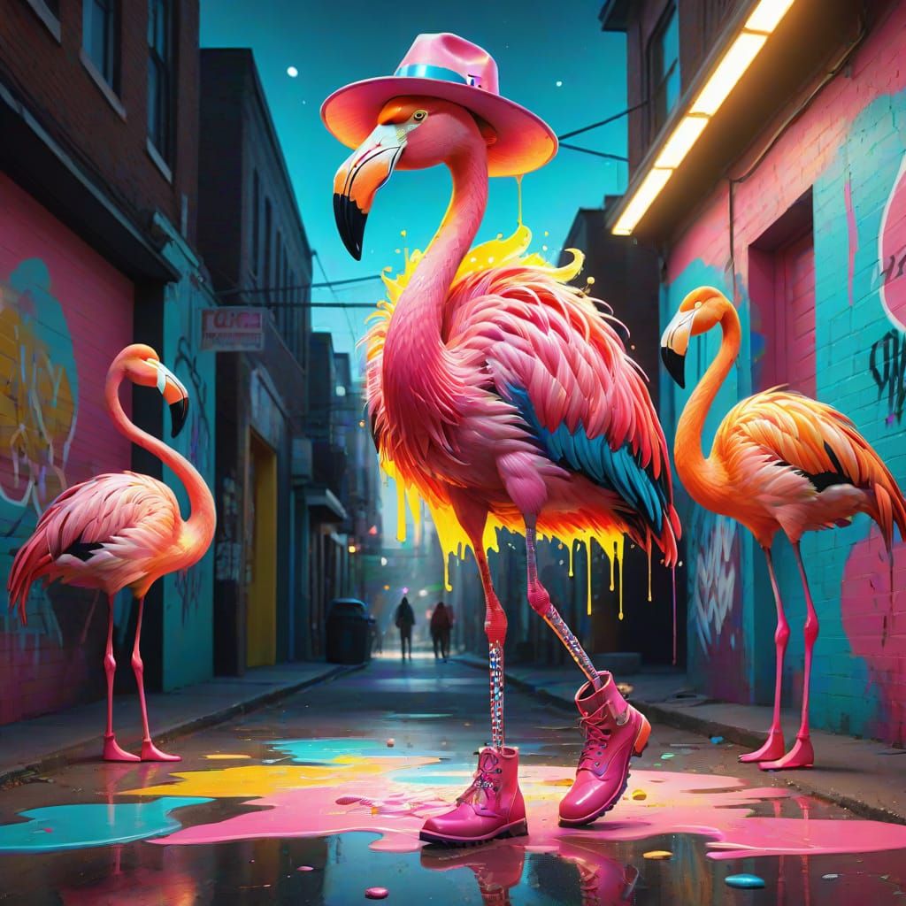 Vibrant Graffiti Flamingo Struts Down Red Carpet