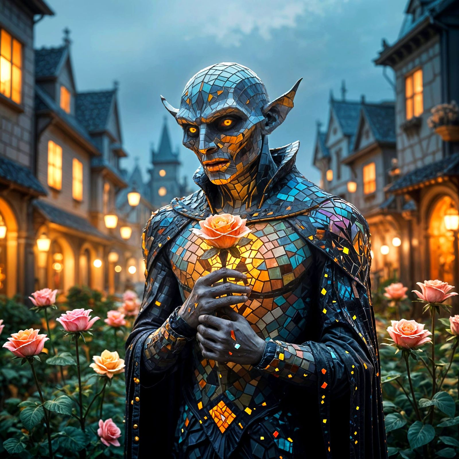 Epic Mosaic Vampire Amidst Magical Cityscape