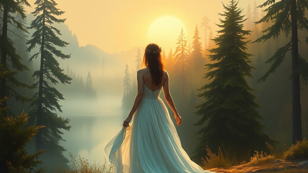 A Tranquil Goddess on a Moonlit Lake in Watercolor Style