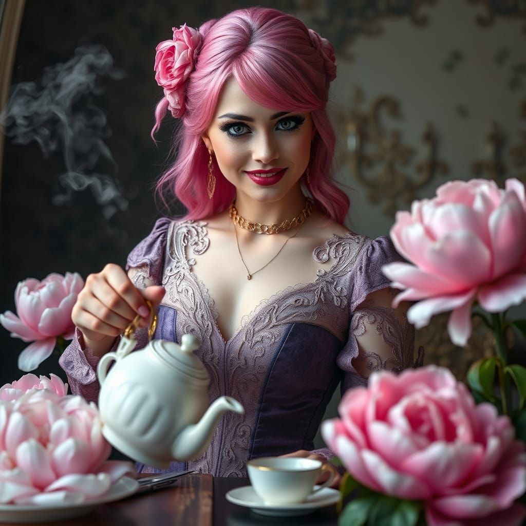 Enigmatic Gothic Goddess Serves Steaming Tea in Lavish Setti...