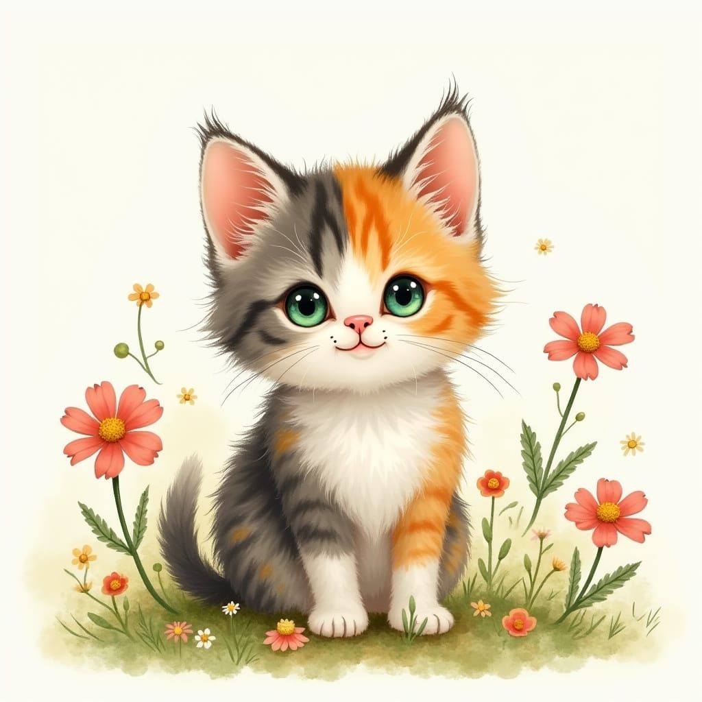 Whimsical Calico Kitten in a Field of Colourful Wildflowers