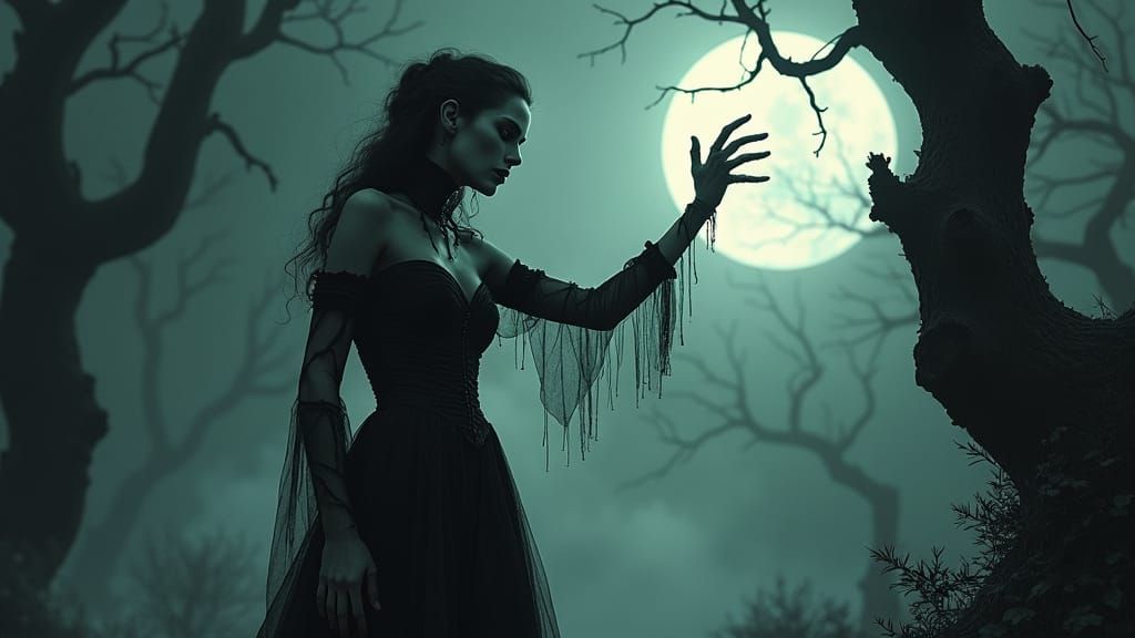 Spectral Woman Reaching for Golden Arm in Dark Forest